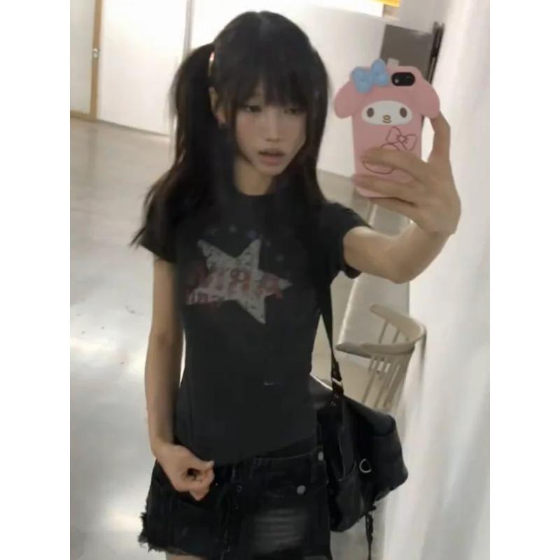 KOSY  Y2k Japanese Print T-shirt Women Slim Short Sleeve Tee American Retro Vintage Graphic Tops Fairycore Tshirts