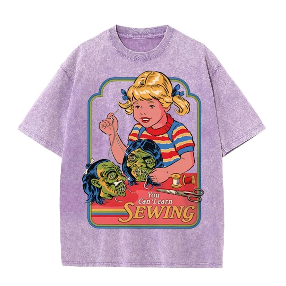 2026 Vintage Retro Girl Sewing Horror Graphic Washed T Shirt Dark Humor Spooky Casual Oversized Short Sleeve Streetwear Tee