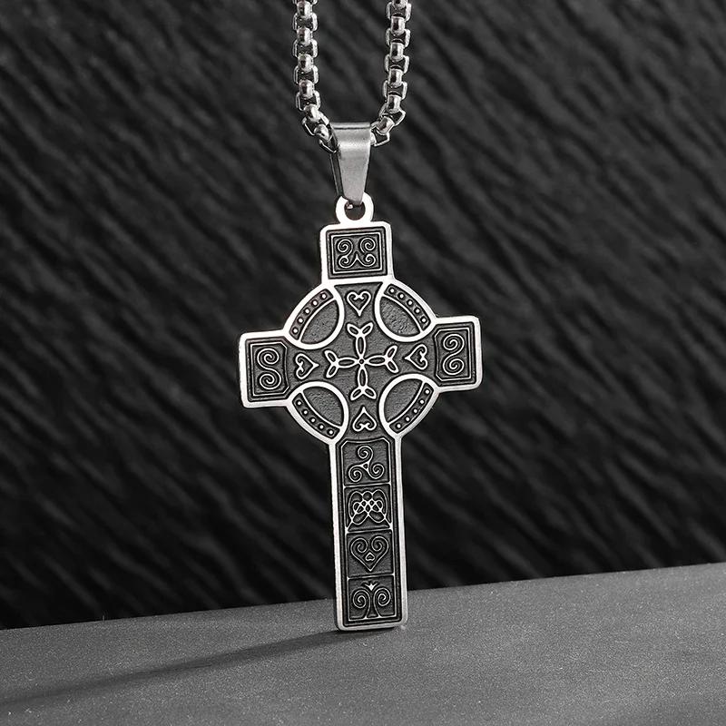 Stainless Steel Irish Celtic Knot Cross Pendant Necklace for Men Women Fashion Lucky Amulet Jewelry