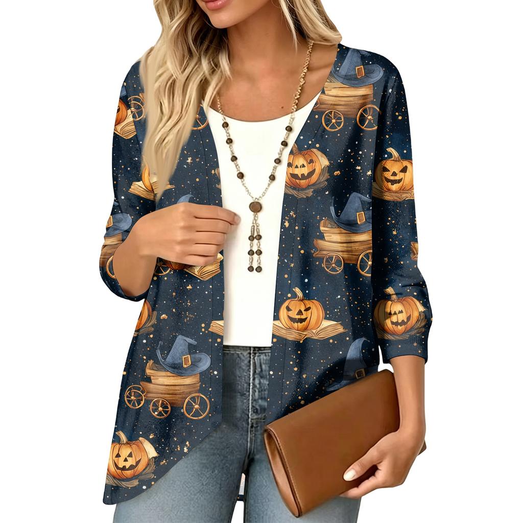 Women's Halloween Print 3/4 Sleeve Lightweight Loose Fit Cardigan for Casual Wear