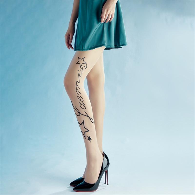 Women Sexy Tight English Print Seamless Pantyhose Stockings No-snagging Hose Sexy Lingerie-Patterned Tight Black White