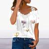 Top da donna con scollo a V e patchwork di pizzo, maglietta a maniche corte stampata, top tunica