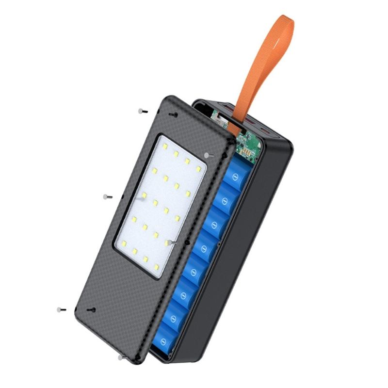 LED Camping Light Integrated Battery Box for 16 Slots 21700 Batteries DIY Charging Case with Multi Function