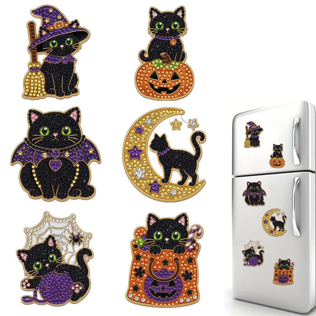 Halloween DIY Pearl Diamond Acrylic Fridge Magnets 6Pcs Painting Kit Ghost Pumpkin Witch Decor