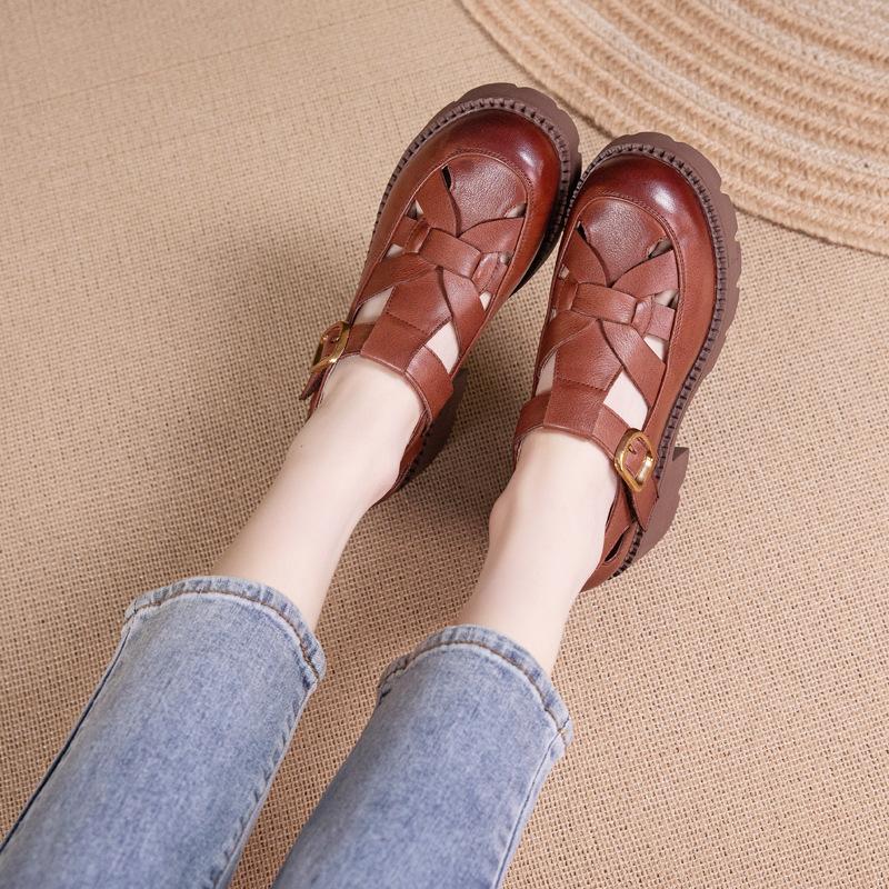 The First Layer of Cowhide Loafers Women's Summer 2025 New Leather Casual Brock Roman Platform Sandals Women's Shoes