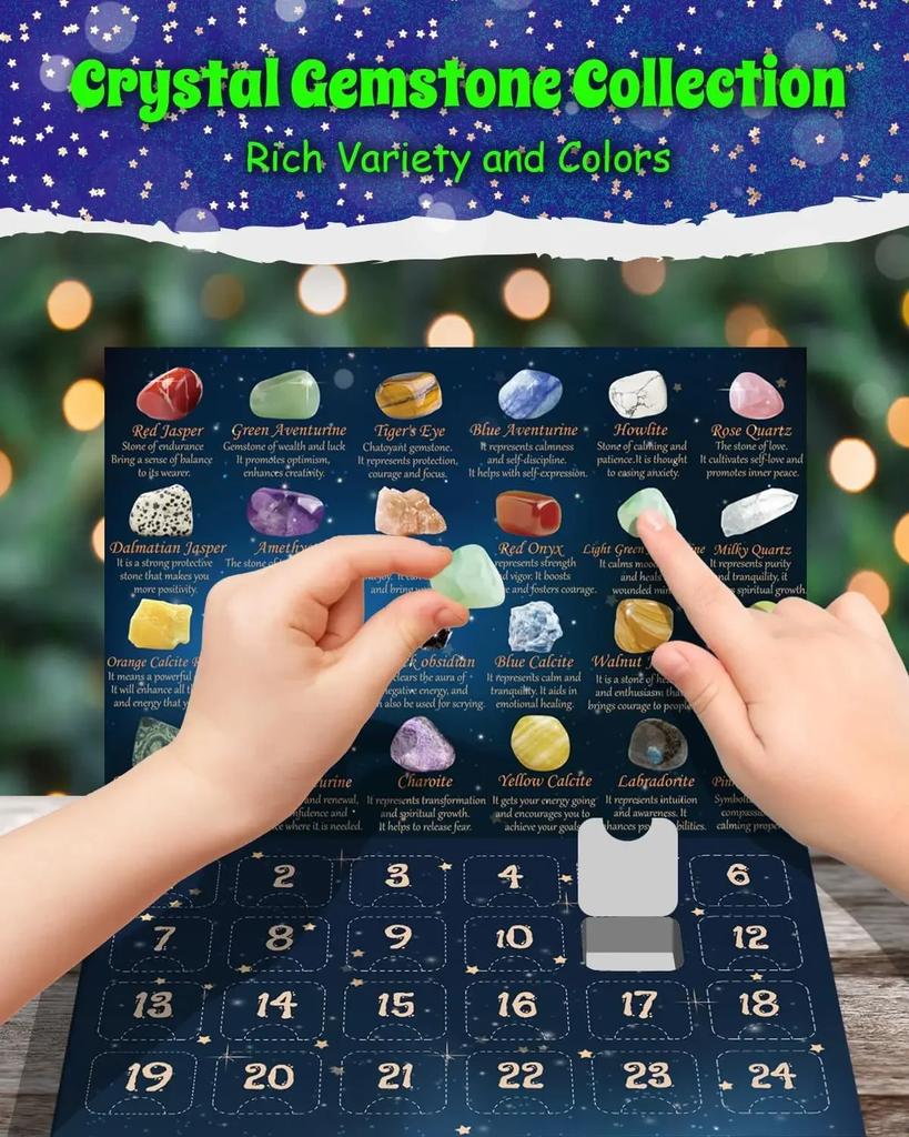 Christmas Advent Calendar Natural Crystal Gemstones Collection Box 24 Days Countdown Calendar Crystal Stone Gift Box for Kids