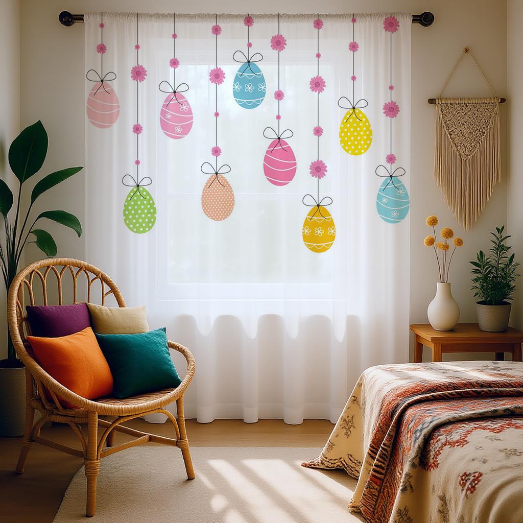 1PC Easter Egg Sheer Curtain - Hanging Colorful Egg Pattern Pole Window Curtain for Spring Home Decor