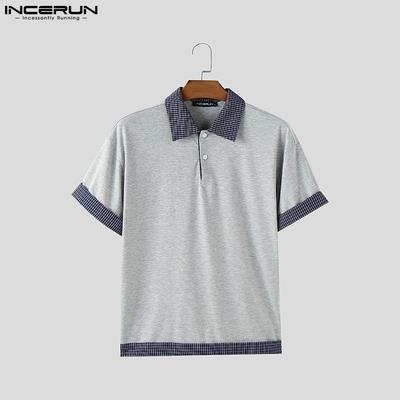 Summer Men Short Sleeve Plaid Patchwork Casual T-shirts Tops