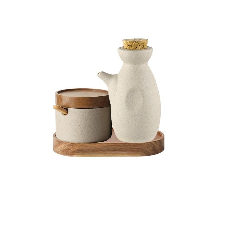 JUSTINLAU Japanese Ceramic Seasoning Jar Spice Container Bamboo Lid Spoon Household Oil Pot Seasoning Bottle Tray Kitchen Tool