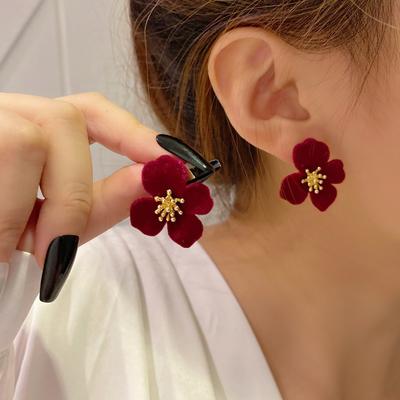Silver Needle Burgundy Flocking Flower Earrings Women's, Temperament Versatile Velvet Stud Earrings