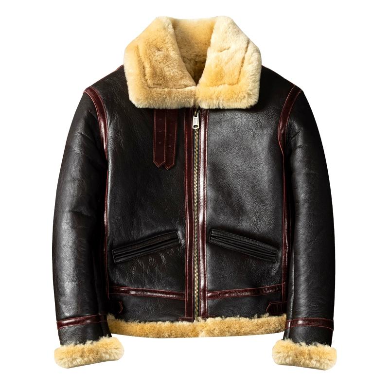 Thickened B3 Winter Clothes Warm Lapel Genuine Leather Fur Integrated Lamb Fur Men Genuine Leather Leather Jacket Retro Wool Jacket