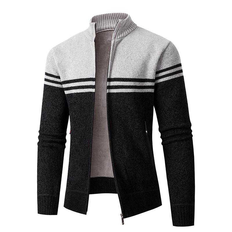 Men's Color Block Stand Collar Knitted Cardigan - Autumn/Winter Plus Velvet Long-Sleeve Sweater