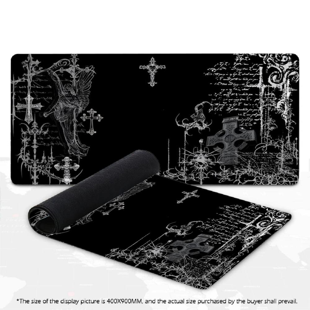 Gothic Dark Angel XXL Gaming Mouse Pad Black White Cross Sketch Deskmat Non-Slip Rubber Keyboard Mat Computer Gamer Mousepad