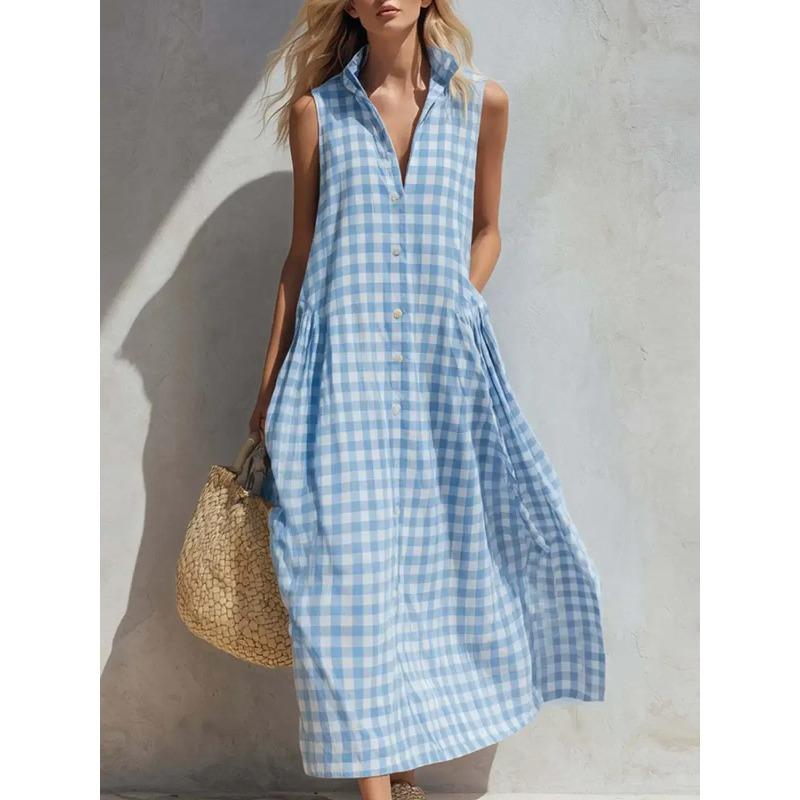 Plaid Sleeveless Vichy Women's Single-breasted Fashion Resort Style Seaside Loose Long Skirt Dresses Ropa Mujer