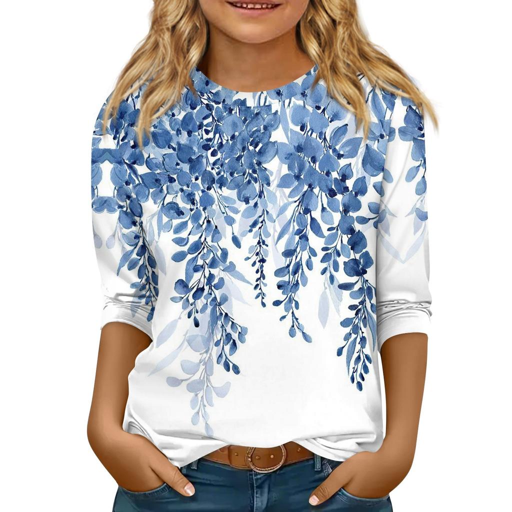 Children's 3/4 Sleeve Tops Casual  Print T Shirt Round Neck Pullover Blouse