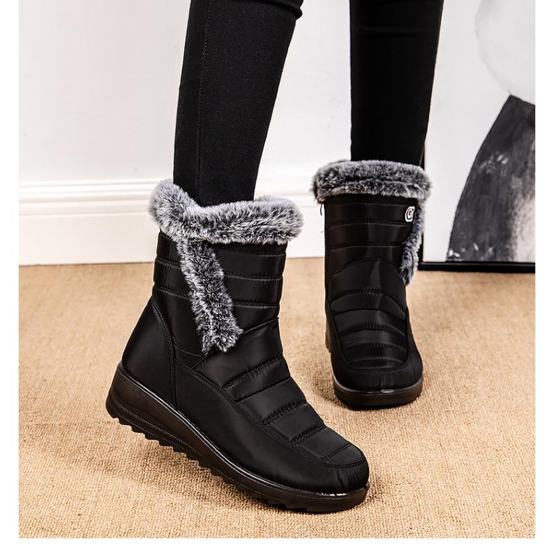 2025 New Style Faux Rabbit Fur Collar High-Top Insulated Women's Snow Boots with Side Chain, Waterproof Women's Boots, Casual Women's Shoes