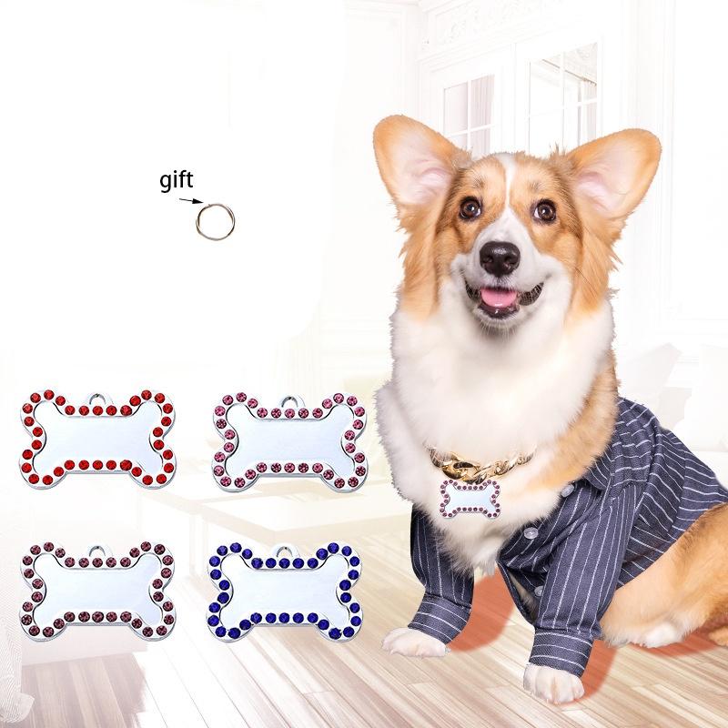 Pet Tag With Bone Shape And Sparkling Diamond Edge Stylish Metal Tag For Dogs