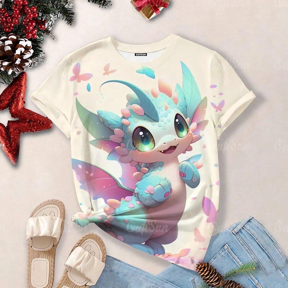 Women's Cartoon Dragon T-Shirt Fashion 3d T Shirt Fashion Near Short-Sleeved Oversized Streetwear Tees Casual Woman Tops