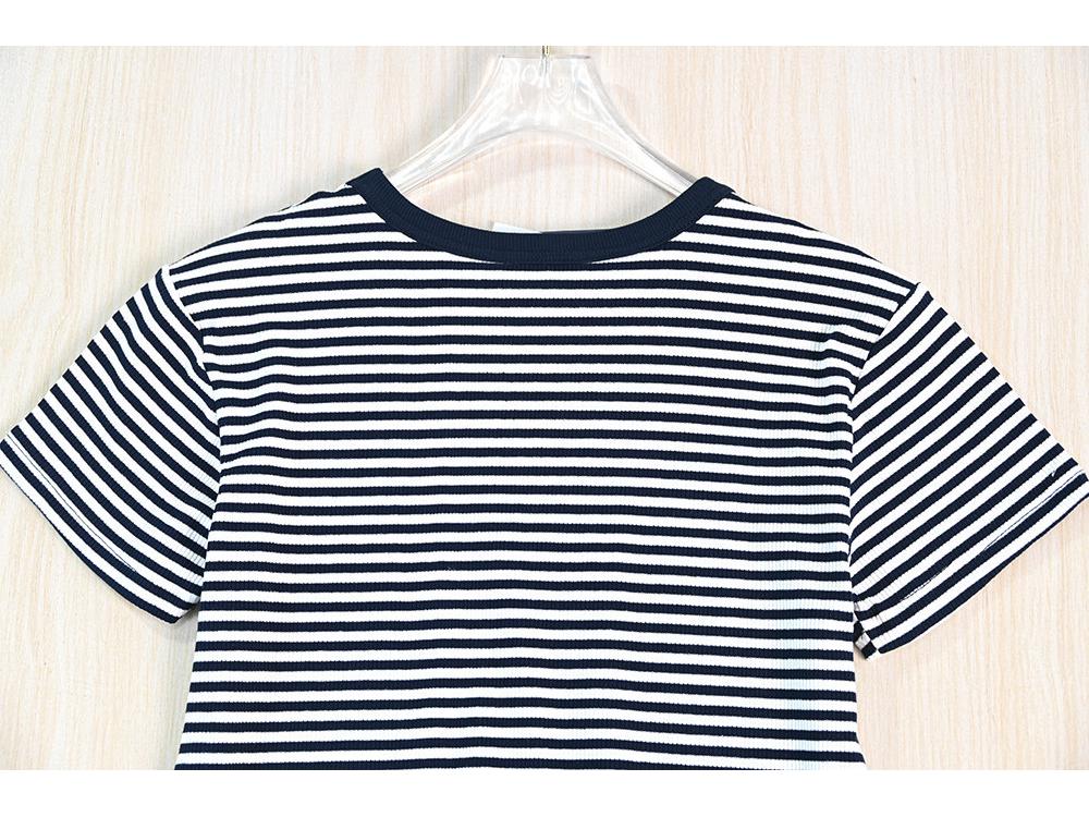Siqi Women's Ribbed Stretch Cotton Color Block Striped Slim Fit Round Neck Short Sleeve T-shirt