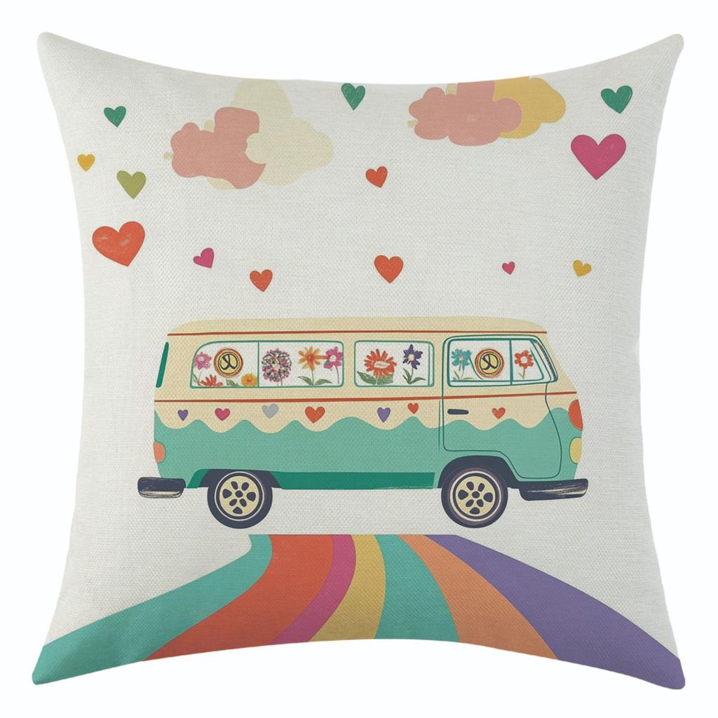 New Rainbow Flower School Bus Linen Pillowcase for Festival Decoration Car Cushion Cover
