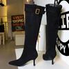 Fashion 2025 Street Style Pointed Toe Knee-High Boots Women High Heels Female Retro Belt Buckle Pleated Long Booties Zapatos De Mujer