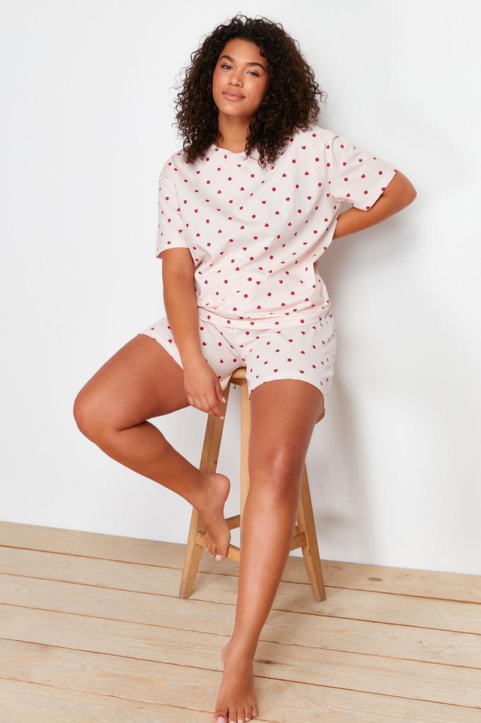 Women's Style Plus Size Light Yellow Teddy Bear Printed Knitted Pajama Set