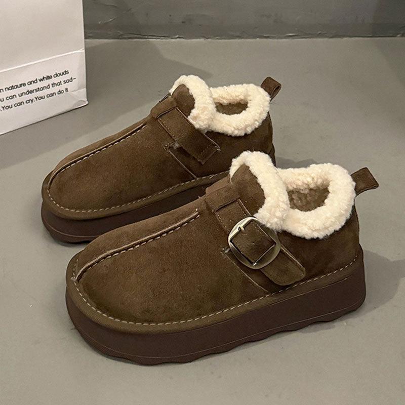 Leather thick-soled all-inclusive velvet thermal women's shoes, winter new one-pedal snow boots, bread wool cotton shoes