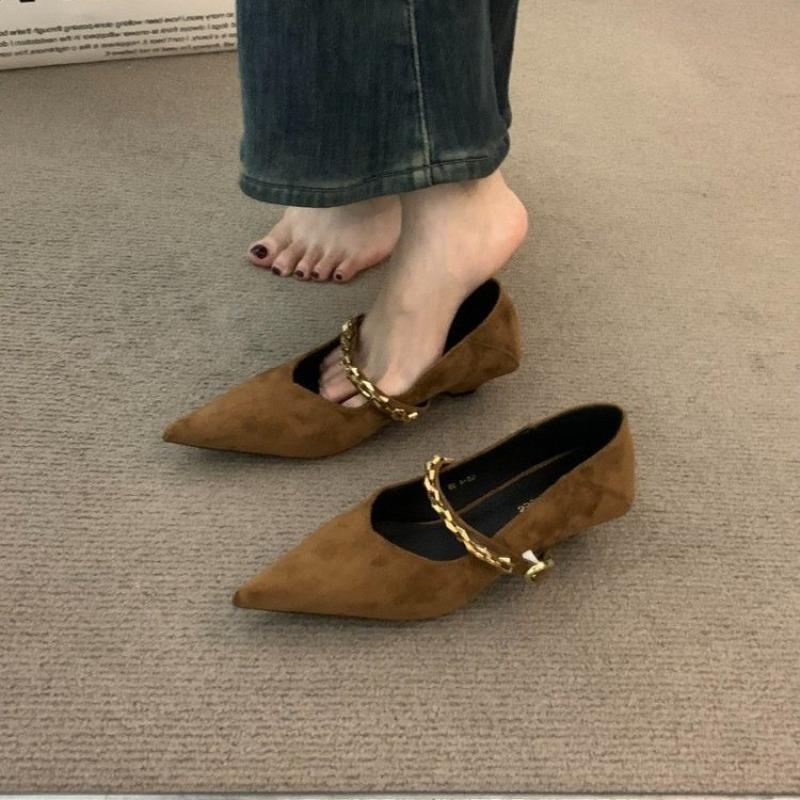 Spring and Autumn Metal Chain Stiletto Single Shoes Fashion Pointed Toe Shallow Mouth Suede Low Top Shoes 34 коричневый