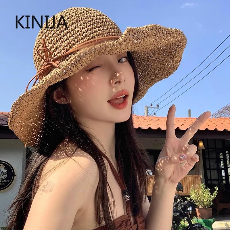 Holiday Beach Fisherman Hat Large Brim Sun Protection Woven Straw Hat Women Panama Chapeau Korean Style