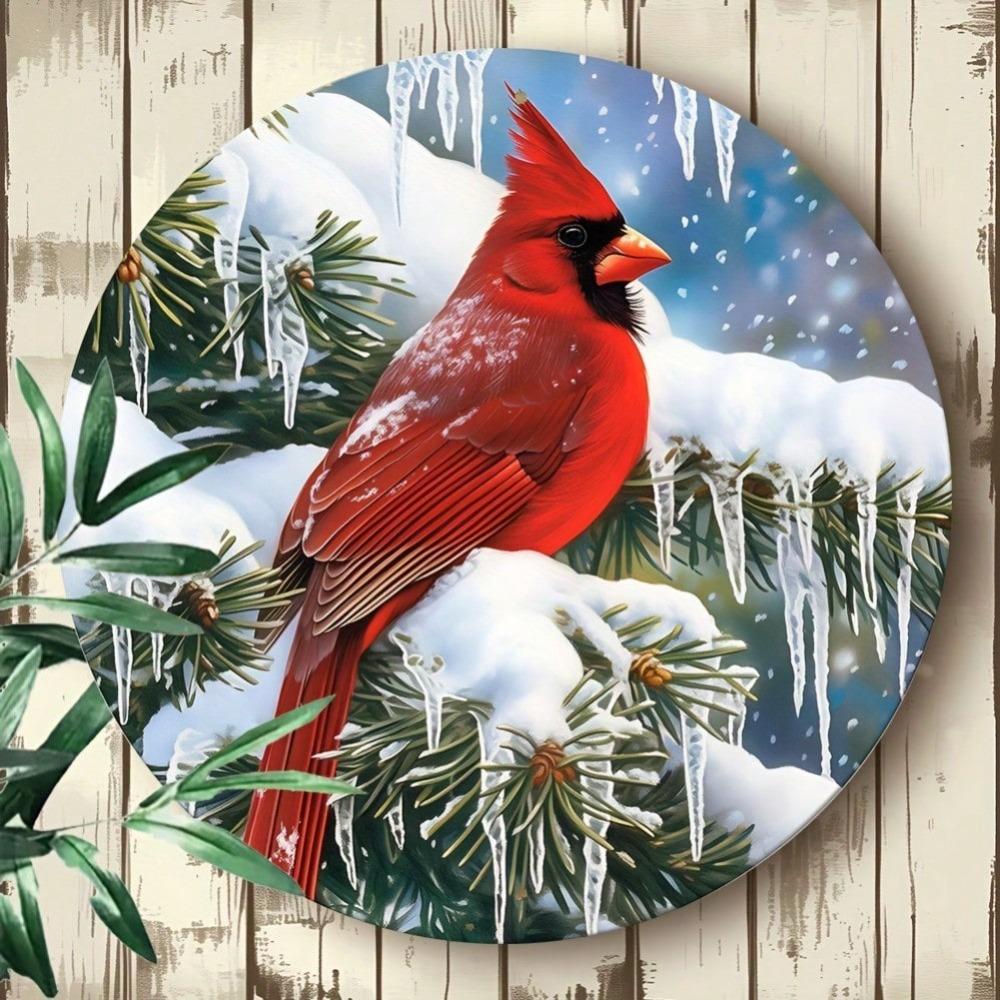 Vintage Tin Cardinal Berry Wreath Sign Round Christmas Thanksgiving Holiday Home Wall Decor