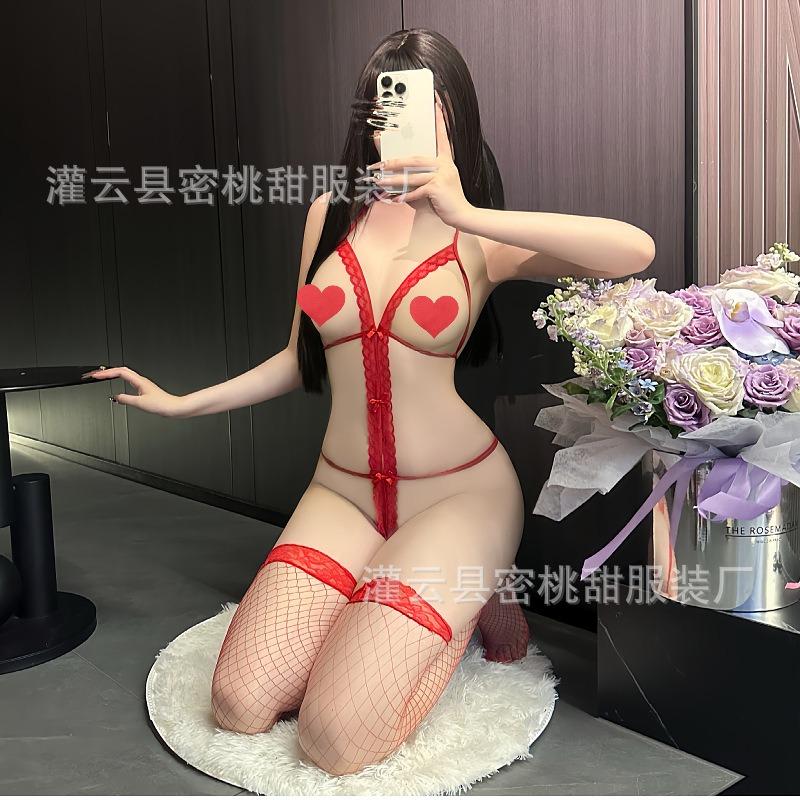Sexy underwear, hot lace-up three-point onesie, sexy lace perspective open-file free pajamas
