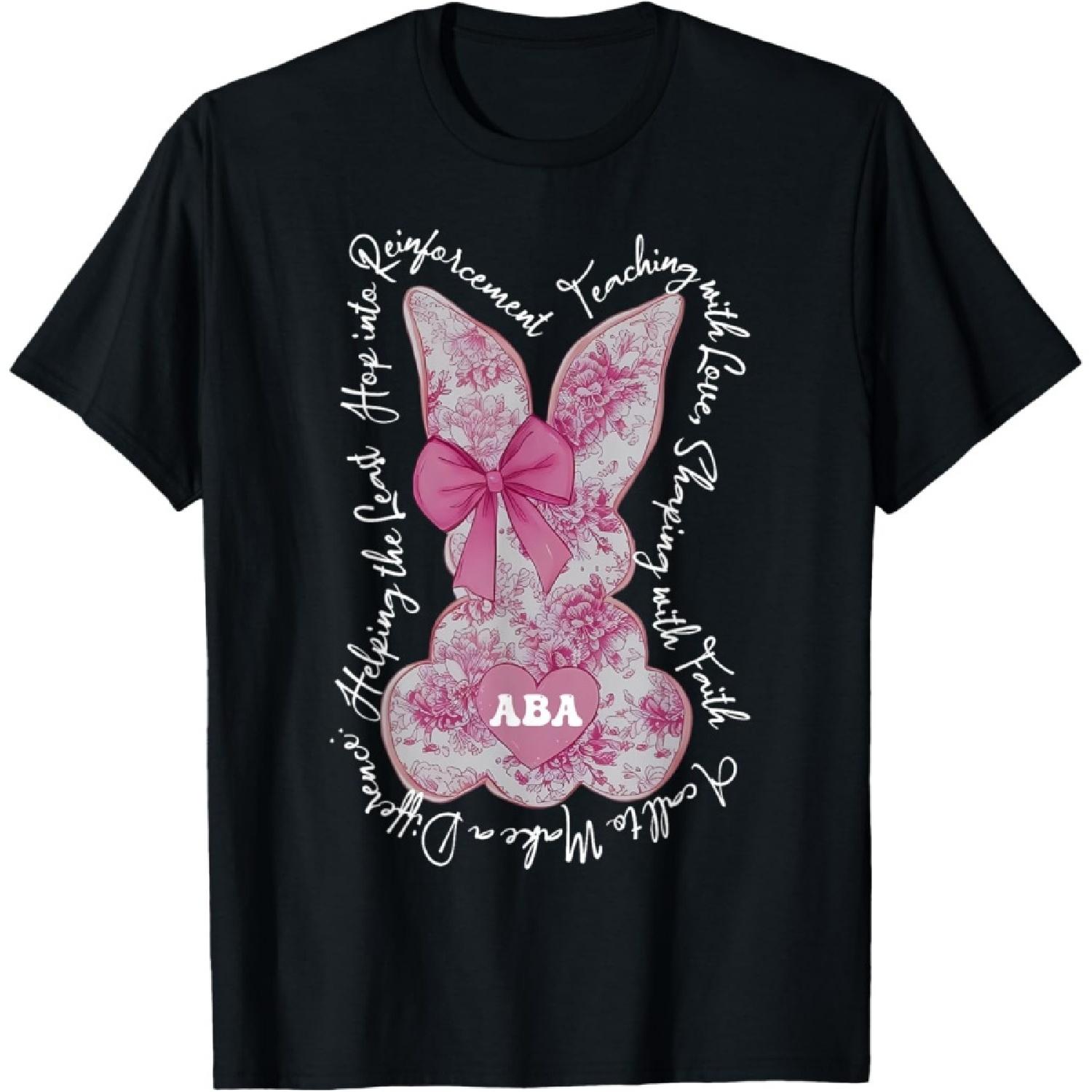 Coquette Pink Floral Bunny ABA Therapist RBT Happy Easter T-Shirt S