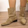 Fashion Buckle Belt Decor Thick Heels Ankle Boots Women Autumn Winter Pointed Toe Riding Boots Woman Slip On Faux Suede Booties