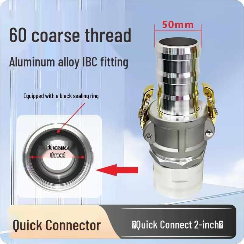 IBC Tote Quick Connector: Aluminum Alloy, Coarse Thread to 1", 1.5", 2" Insert Pipe Connector.