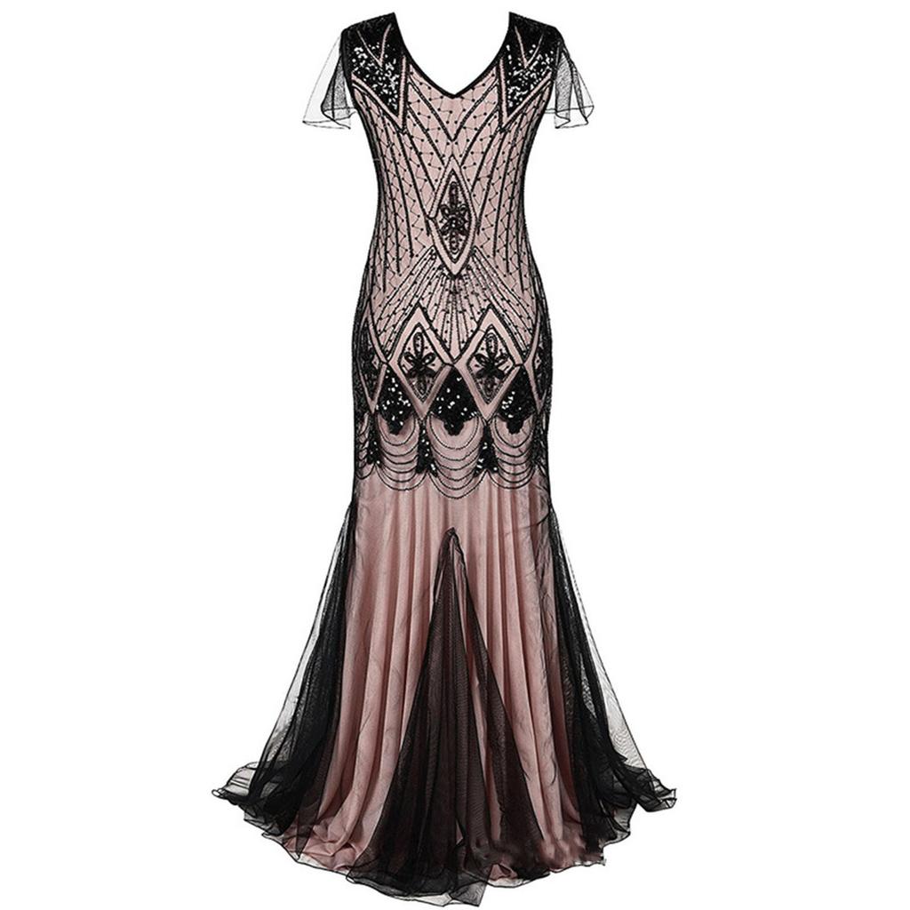 Damemote V-hals Vintage Paljetter Kjole Bankett Fest Aftenkjole Fiskehalekjole Lange kjoler