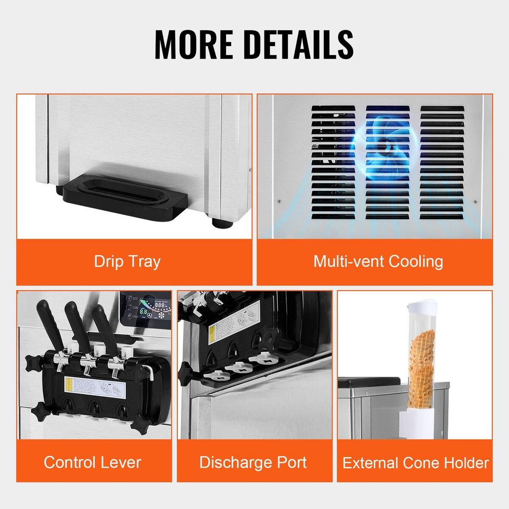 Commercial Soft Serve Ice Cream Machine Maker 18-28 L/H Yield 3-Flavor