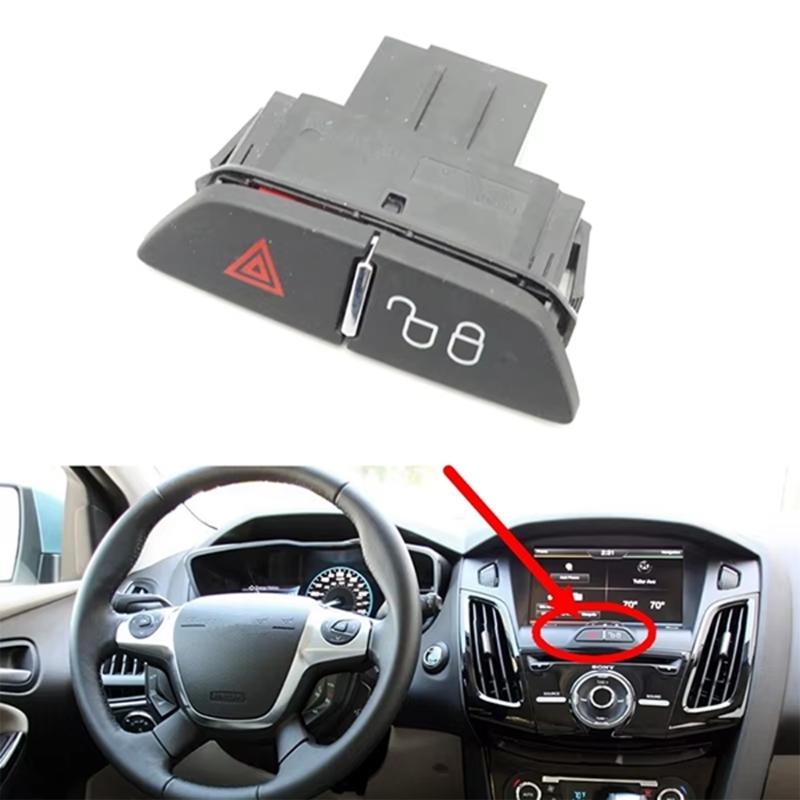Black Hazard Warning Button Control Switches BM5T13A350AA, Dashboard Light Replacement Part with Red Hazard Icon and Plastic Housing Body Panel
