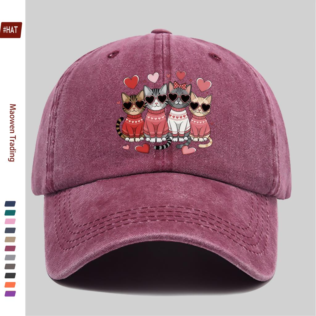 Pc Cat Print Baseball Cap with Heart Eyes Cool Cute Pet Style Printed Sun Hat Hunting Decor Hat Adjustable Strap MultiColo