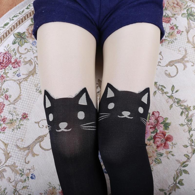 Sexy Women for Cat Tail Faux Thigh High Hosiery Pantyhose Tattoo Tights Japanese Cartoon Pattern Black Stockings Hosiery