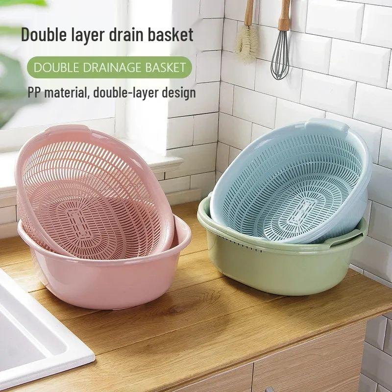Double-Layer Plastic Vegetable and Fruit Washing Basket with Drainage
