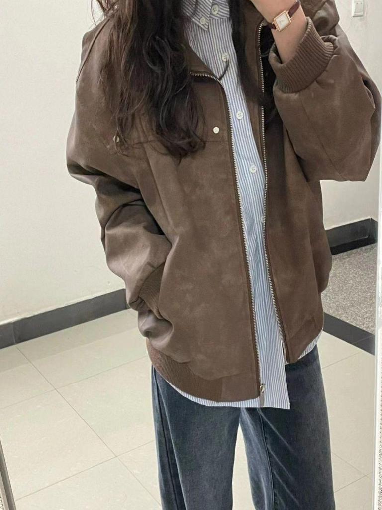 Women's American Retro Brown PU Leather Lapel Jacket - 2025 Spring/Autumn Faux Suede, High-End Versatile Couple Style.