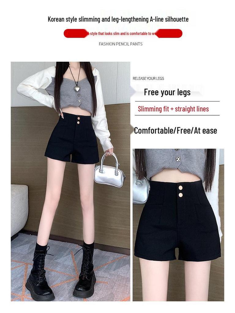 Women's High-Waist A-Line Black Suit Shorts - Summer 2024 - Slimming Fit with Elastic Waistband.