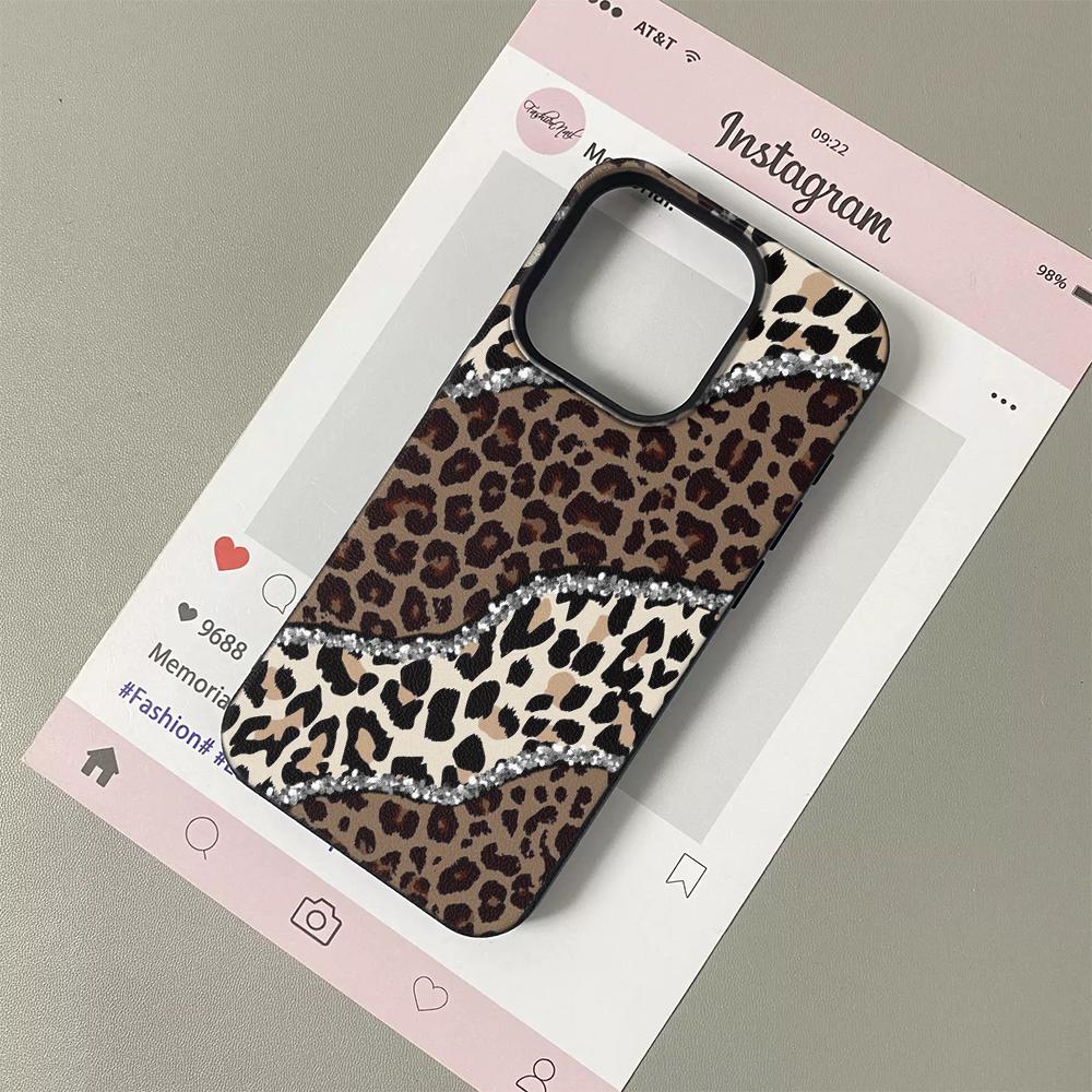 

INS Diamond Edged Leopard Print Silicone Phone Case For iPhone 17 17Air 13 16 15 14 12 11 Pro Max Lychee Grain Soft Cover Funda iPhone 14 Pro
