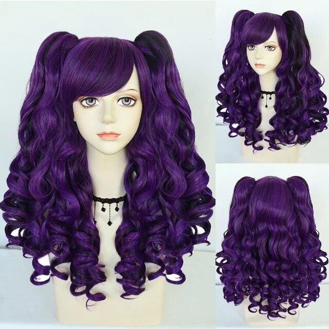 Parrucca Cosplay sintetica lunga colorata riccia per ragazze Lolita Cosplay con doppia coda di cavallo e 1 cuffia per parrucca