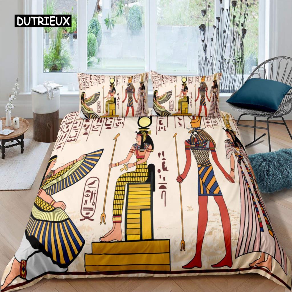 Ancient Egypt Duvet Cover Set Egyptian Symbol Bedding Set Vintage Pharaoh Pyramid Boho Tribal Polyester Quilt Cover 2/3pcs Queen