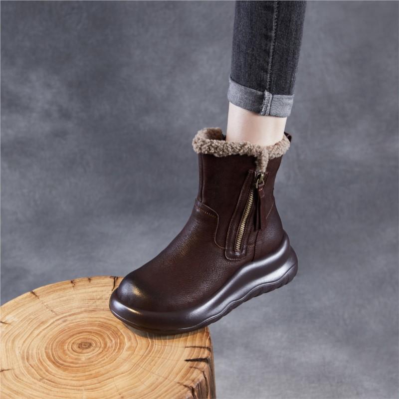 Johnature Thick Soled Genuine Leather Women's Boots Plush Warm Cotton Shoes Versatile Mid-calf Boots