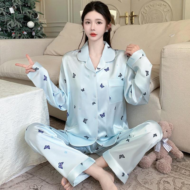 Summer High-End Green Fashion Lapel Pajamas Women'S Long-Sleeved Trousers Plant Flower Loungewear Set