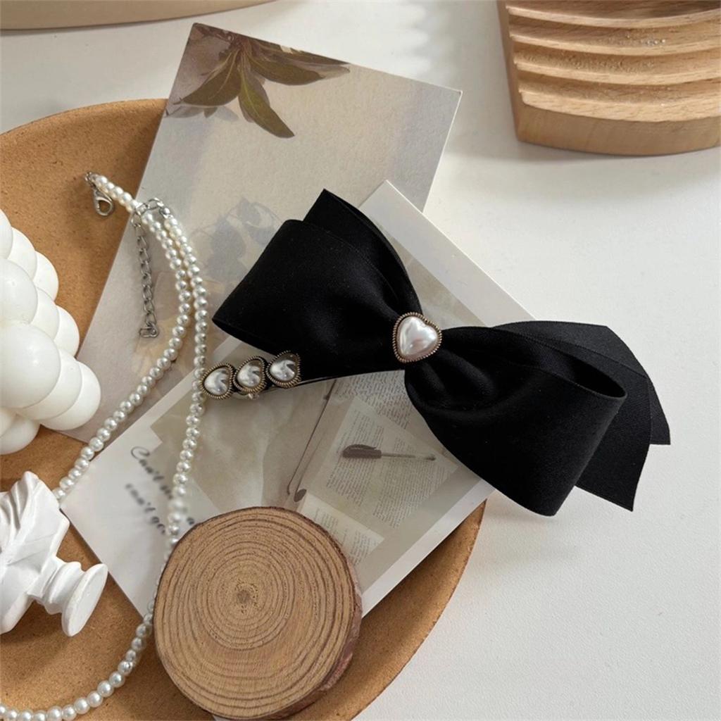 Black Bowknot Hair Barrettes Pearl Hair Clips Sweet Heart pearls Ribbon Hairpins for Girls Valentine's Day Party Hair Accessorie