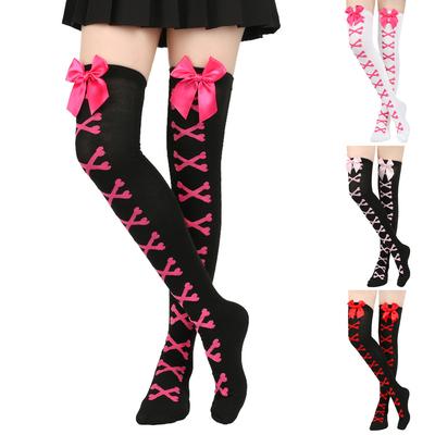 Women's Skull Crossbone Thigh High Socks with Bow, Gothic Over-the-Knee Stockings for Cosplay