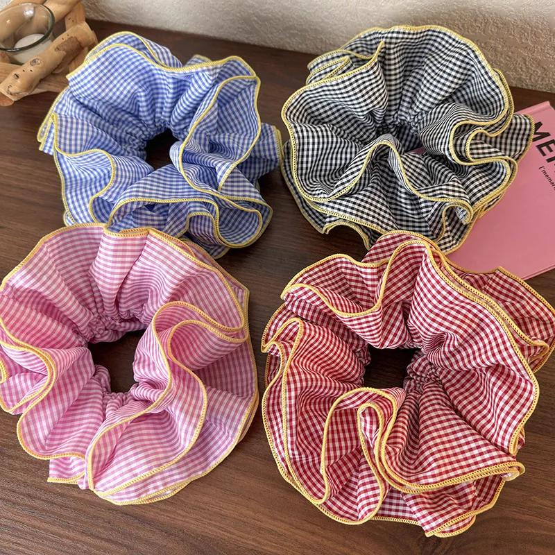 Retro Colorful Lattice Ruffles Hair Scrunchies Headbands for Womens Girls Sweet Romance Hair Rope Rubber Band Hair Accessories